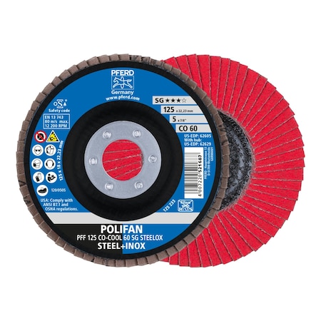 Pferd 5" x 7/8" A.H. POLIFAN Flap Disc - CO-COOL SG STEELOX, Ceramic oxide, 60 Grit, Flat 62605